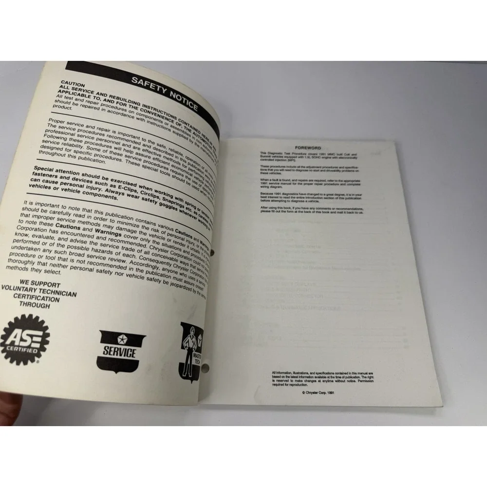 Chrysler Motors 1991 1.5L SOHC EFI MPI Diagnostic Procedures Manual Colt Summit